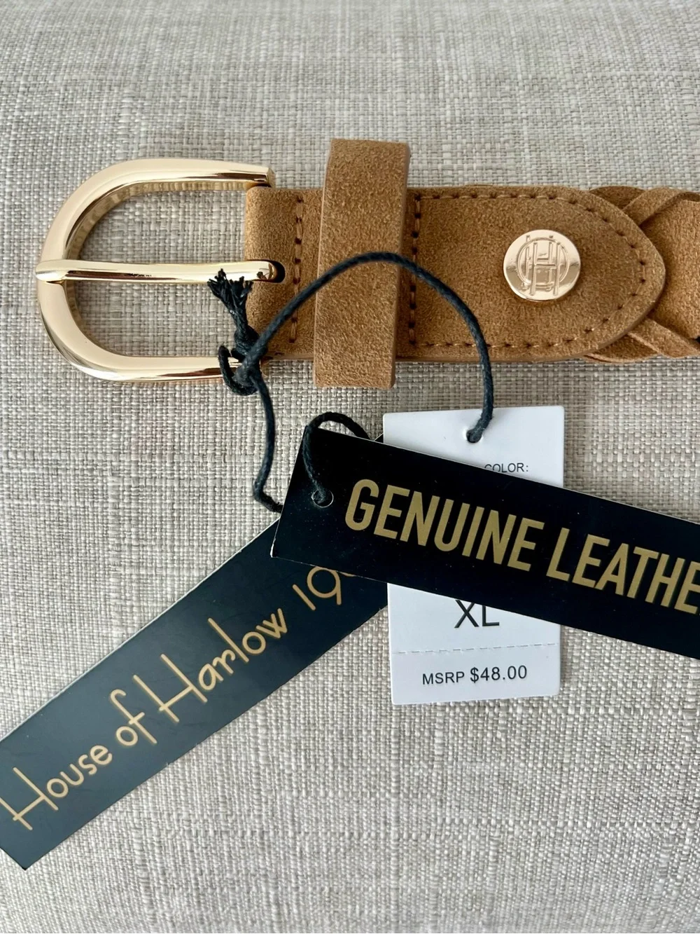 NWT House of Harlow 1960 Genuine Leather Braided Suede Belt Camel Gold Buckle